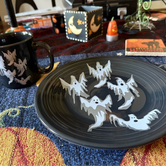 Black Fiestaware Halloween Ghost Plate and Mug Set - Picture 1 of 7